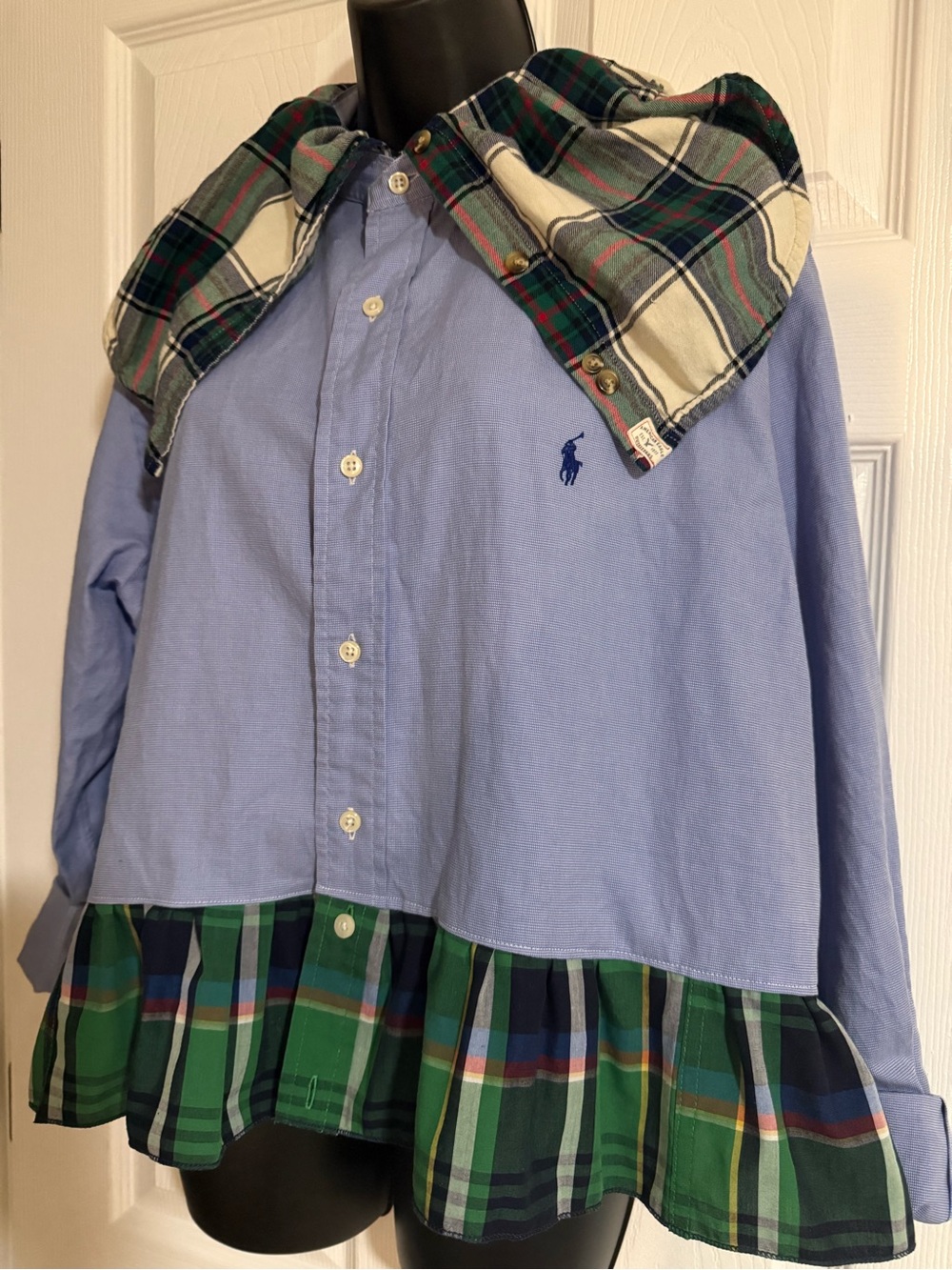 Polo by Ralph Lauren Light Upcycled Blue Button-Down with Green/Navy Plaid Trim